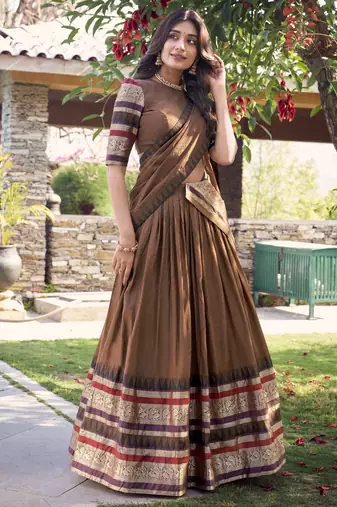 brown chanderi silk zari weaving lehenga set choli with dupatta