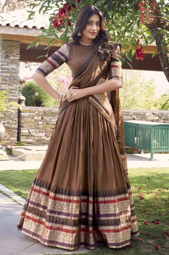 brown chanderi silk zari weaving lehenga set choli with dupatta
