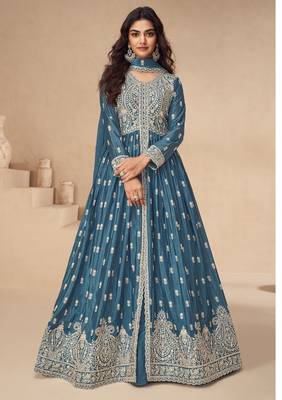 Teal chinon silk mid slit embroidery front & back semi stitched wedding gown 1
