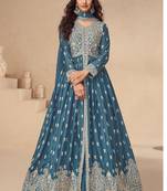 Teal chinon silk mid slit embroidery front & back semi stitched wedding gown