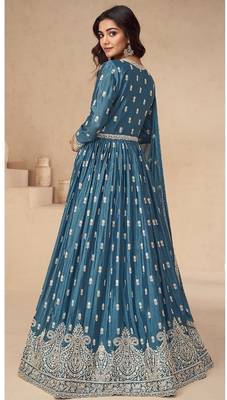 Teal chinon silk mid slit embroidery front & back semi stitched wedding gown 2