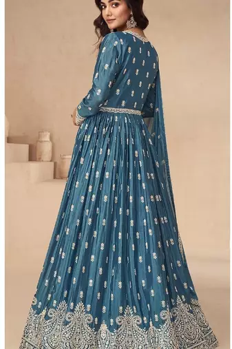 Teal chinon silk mid slit embroidery front & back semi stitched wedding gown