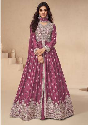 Magenta chinon silk mid slit embroidery front & back semi stitched wedding gown 1