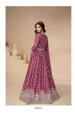 Magenta chinon silk mid slit embroidery front & back semi stitched wedding gown 2