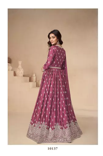 Magenta chinon silk mid slit embroidery front & back semi stitched wedding gown