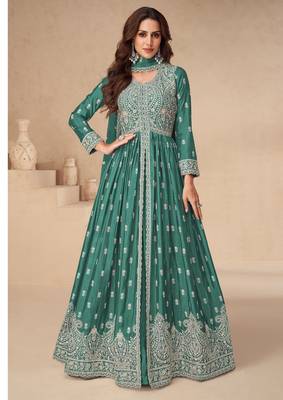 Sea green chinon silk mid slit embroidery front & back semi stitched wedding gown 1