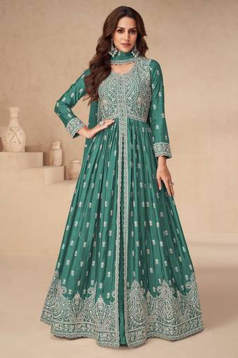 Sea green chinon silk mid slit embroidery front & back semi stitched wedding gown