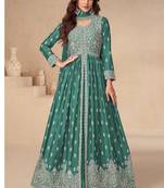 Sea green chinon silk mid slit embroidery front & back semi stitched wedding gown