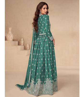 Sea green chinon silk mid slit embroidery front & back semi stitched wedding gown 2