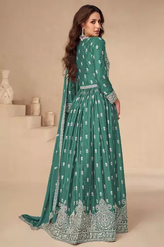 Sea green chinon silk mid slit embroidery front & back semi stitched wedding gown