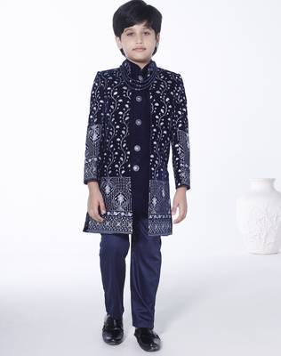 Royal blue embroidered velvet indo-western set for kids 1