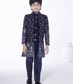 Royal blue embroidered velvet indo-western set for kids