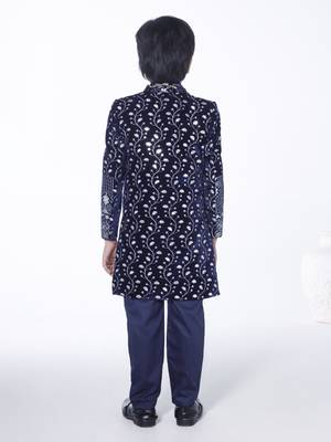 Royal blue embroidered velvet indo-western set for kids 2