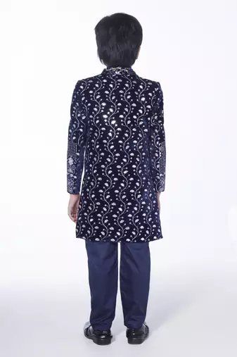 Royal blue embroidered velvet indo-western set for kids