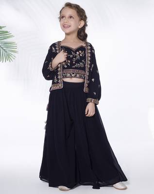 Navy blue  hand embroidered georgette top with jacket and palazzo for kids 1