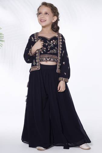 Navy blue hand embroidered georgette top with jacket and palazzo for kids
