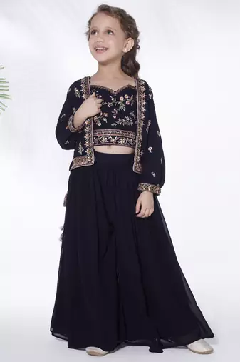 Navy blue hand embroidered georgette top with jacket and palazzo for kids