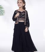 Navy blue  hand embroidered georgette top with jacket and palazzo for kids