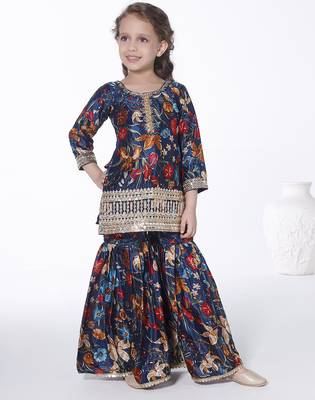 Teal  embroidered floral printed chinon crepe silk kurta with sharara for kids 1
