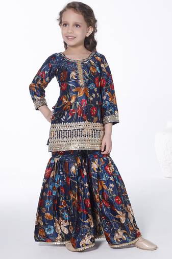 Teal embroidered floral printed chinon crepe silk kurta with sharara for kids
