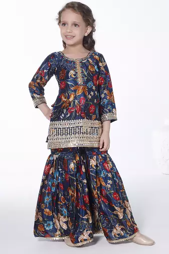 Teal embroidered floral printed chinon crepe silk kurta with sharara for kids