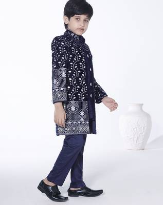 Royal blue embroidered velvet indo-western set for kids 3