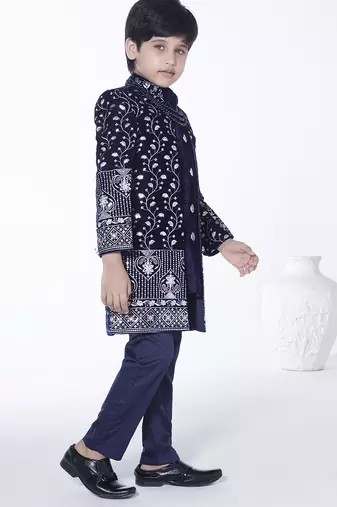 Royal blue embroidered velvet indo-western set for kids