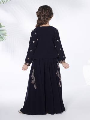 Navy blue  hand embroidered georgette top with jacket and palazzo for kids 2
