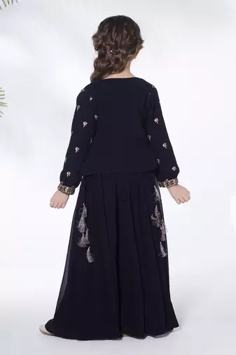 Navy blue  hand embroidered georgette top with jacket and palazzo for kids