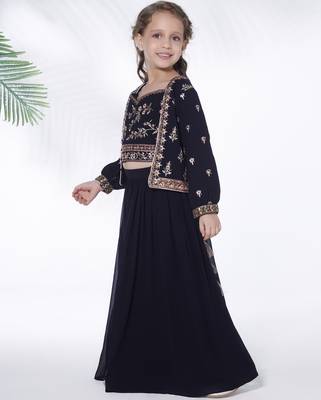 Navy blue  hand embroidered georgette top with jacket and palazzo for kids 3