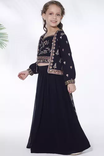 Navy blue  hand embroidered georgette top with jacket and palazzo for kids