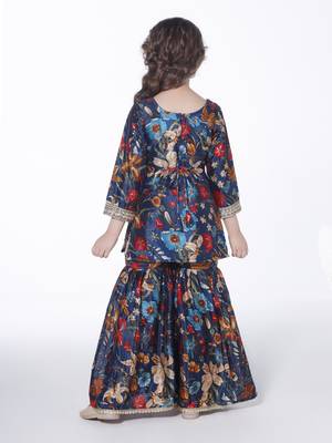 Teal  embroidered floral printed chinon crepe silk kurta with sharara for kids 2