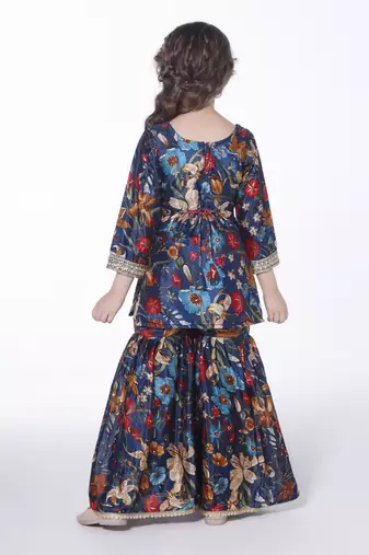 Teal  embroidered floral printed chinon crepe silk kurta with sharara for kids