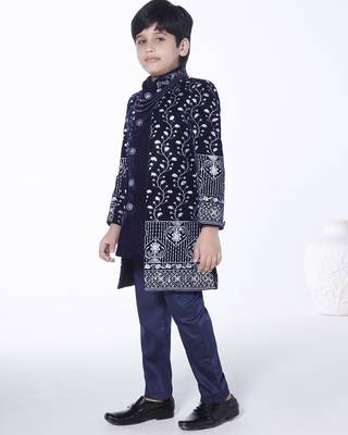 Royal blue embroidered velvet indo-western set for kids 4