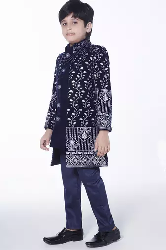 Royal blue embroidered velvet indo-western set for kids