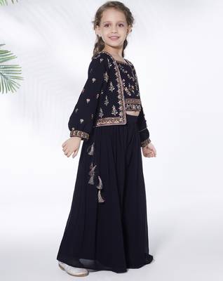 Navy blue  hand embroidered georgette top with jacket and palazzo for kids 4