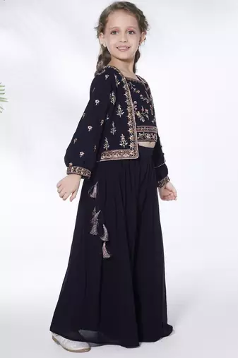 Navy blue  hand embroidered georgette top with jacket and palazzo for kids