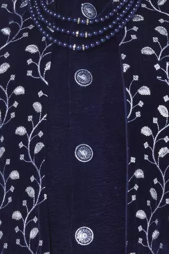 Royal blue embroidered velvet indo-western set for kids