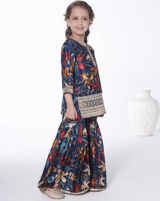 Teal  embroidered floral printed chinon crepe silk kurta with sharara for kids 3