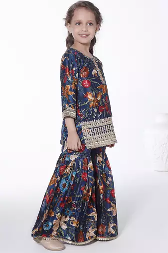 Teal  embroidered floral printed chinon crepe silk kurta with sharara for kids