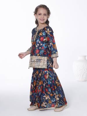 Teal  embroidered floral printed chinon crepe silk kurta with sharara for kids 4