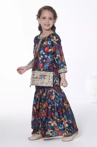 Teal  embroidered floral printed chinon crepe silk kurta with sharara for kids