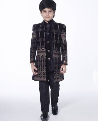 Black embroidered velvet indo-western set for kids 1