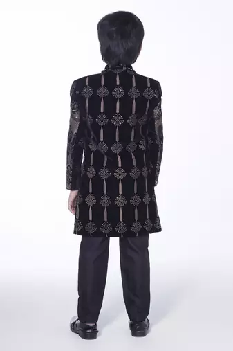 Black embroidered velvet indo-western set for kids