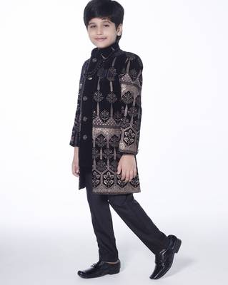 Black embroidered velvet indo-western set for kids 3