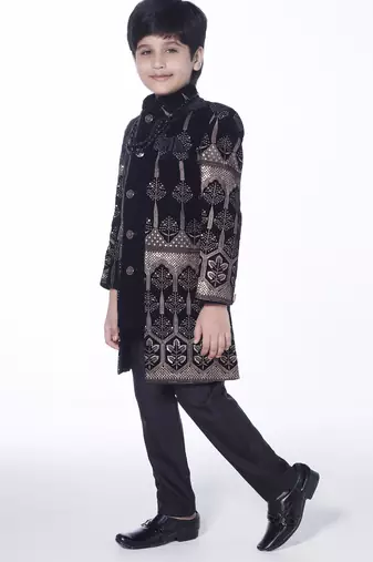 Black embroidered velvet indo-western set for kids