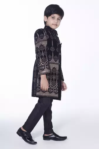 Black embroidered velvet indo-western set for kids