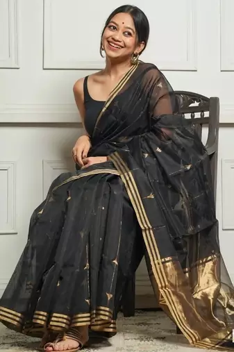 Black Cotton silk blend saree with blouse