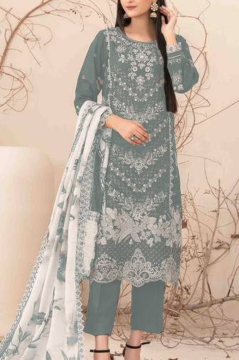 Grey Embroidered cotton salwar suit