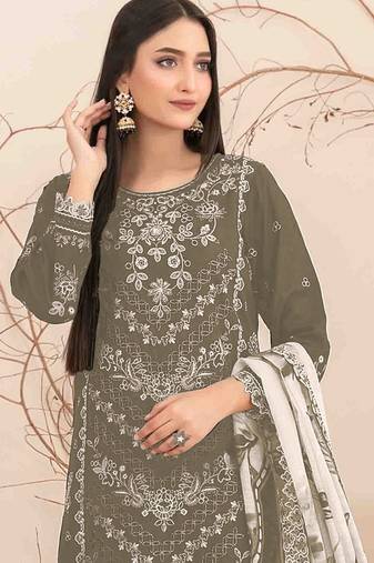 Olive Embroidered cotton salwar suit